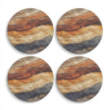 Four round coasters with a wavy, layered stone or wood pattern in earthy tones of brown, beige, orange, and gray, arranged in a 2x2 grid on a white background.
