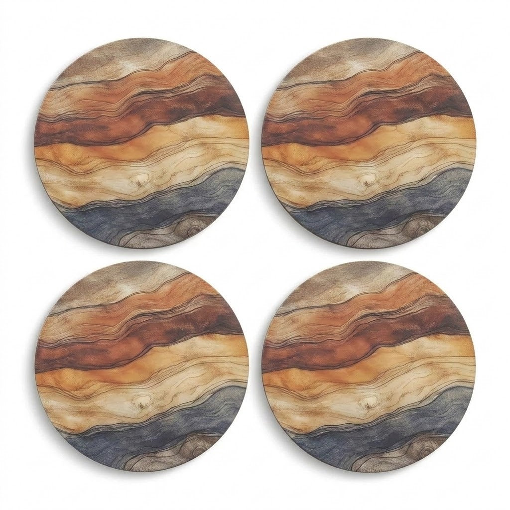 Four round coasters with a wavy, layered stone or wood pattern in earthy tones of brown, beige, orange, and gray, arranged in a 2x2 grid on a white background.