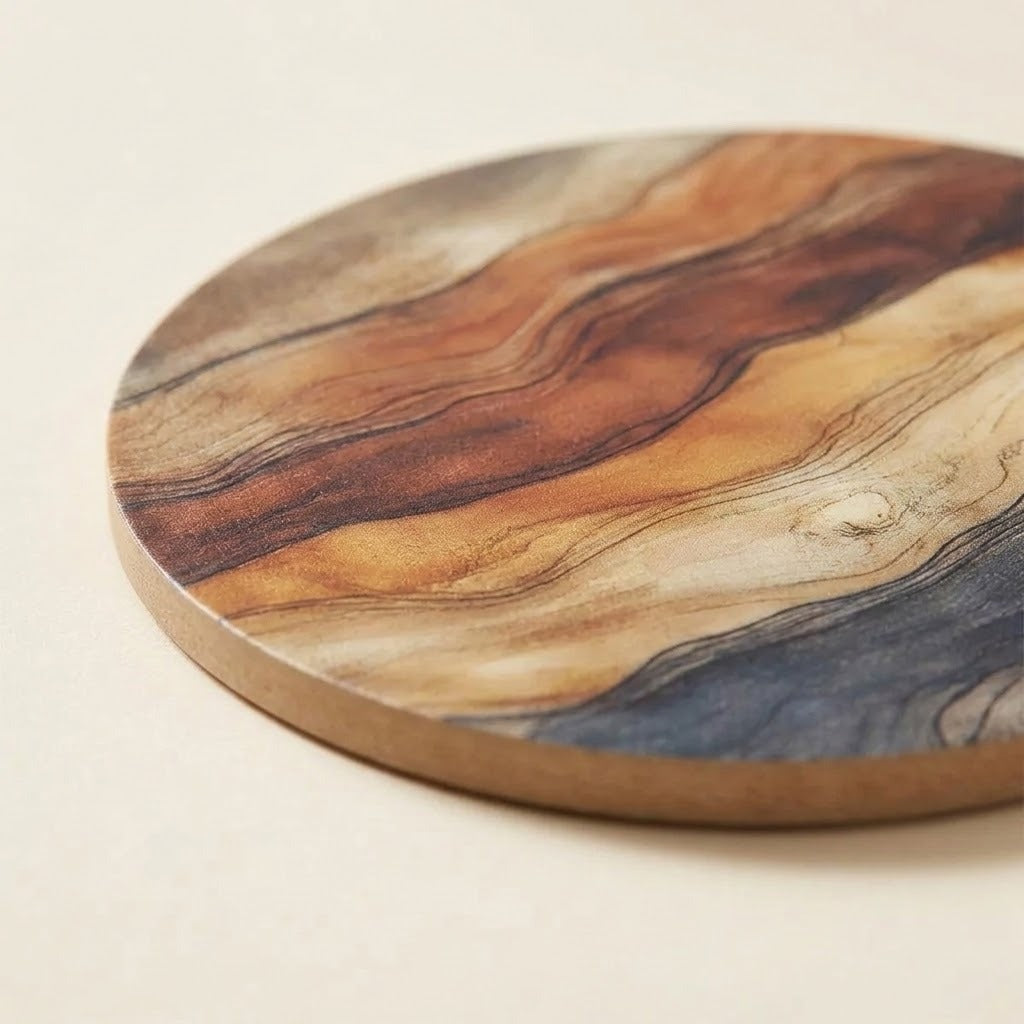 A round wooden coastert or trivet with a natural wood grain pattern in shades of brown, beige, and gray, shown on a light cream background.