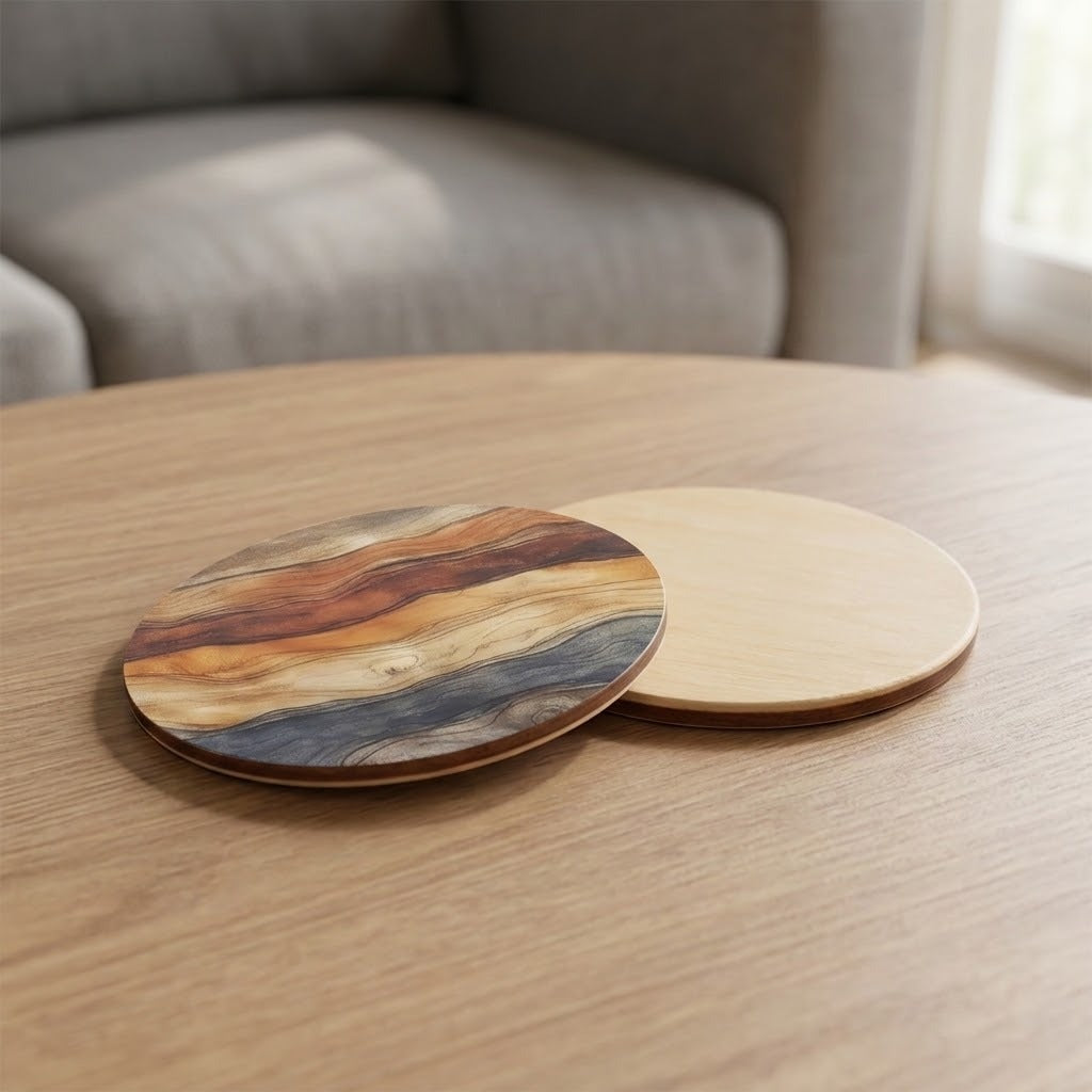 Two round wooden coasters on a light wood table in a living room setting, with one coaster showing a multicolor natural wood grain pattern and the other showing a smooth light natural wood finish.