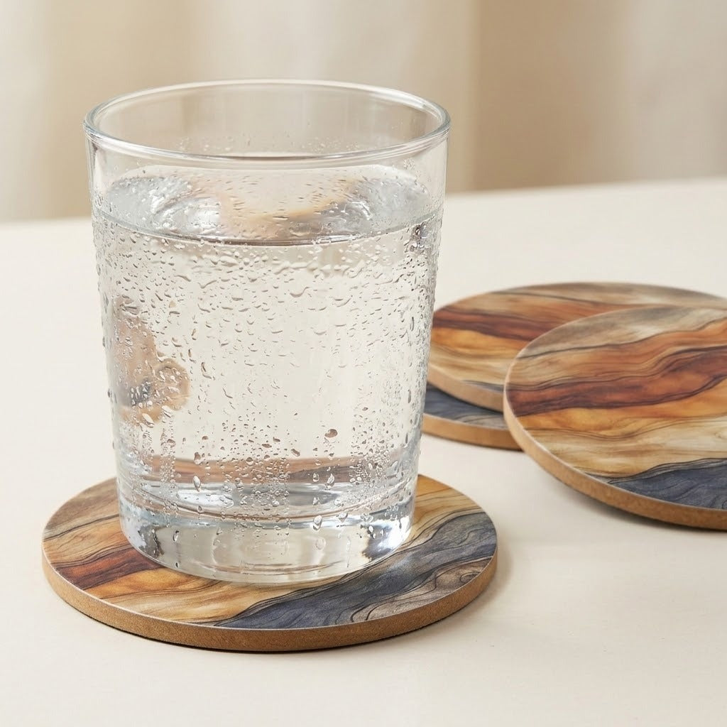 A clear glass tumbler with condensation sits on a round wood coaster, with two additional matching coasters behind it on a light tabletop.
