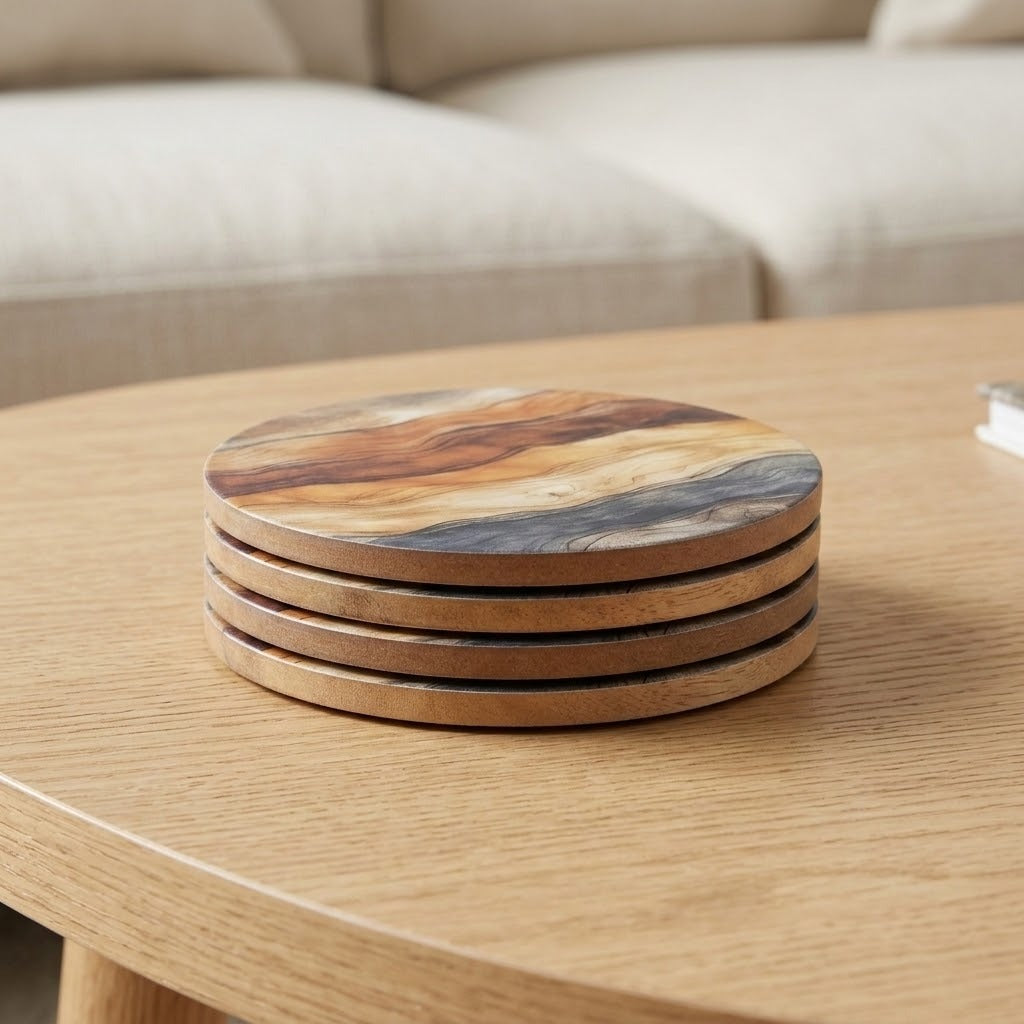 A stack of four round wooden coasters with a natural wood grain pattern, resting on a light oak table in a living room setting.