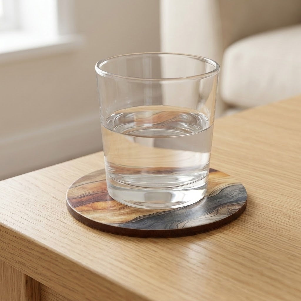 A clear glass tumbler filled with water sits on a round wooden coaster with a natural wood-grain pattern, placed on a light wood table in a softly blurred indoor setting.