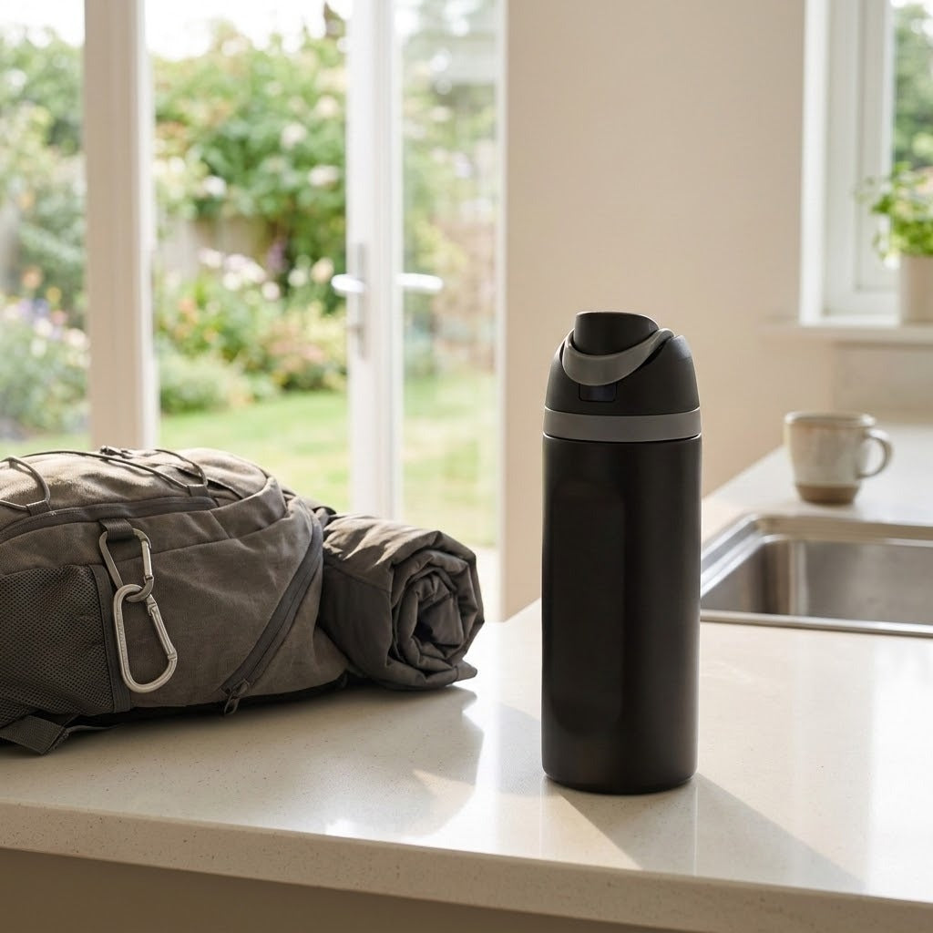 A matte black insulated water bottle with a gray lid accent stands on a kitchen counter next to a gray duffel bag, with a blurred indoor garden and sink in the background.