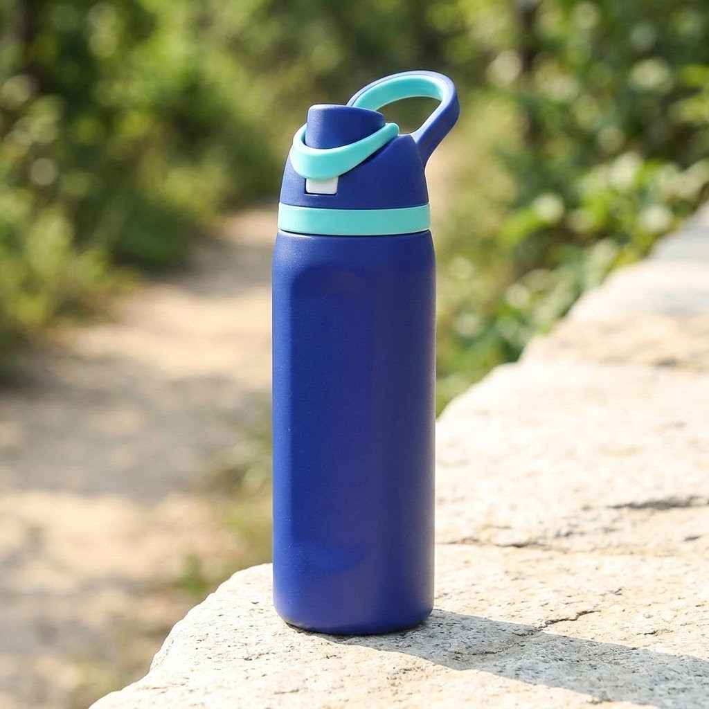 A blue water bottle with a mint green lid and carrying loop, standing on a stone ledge with a blurred outdoor background.