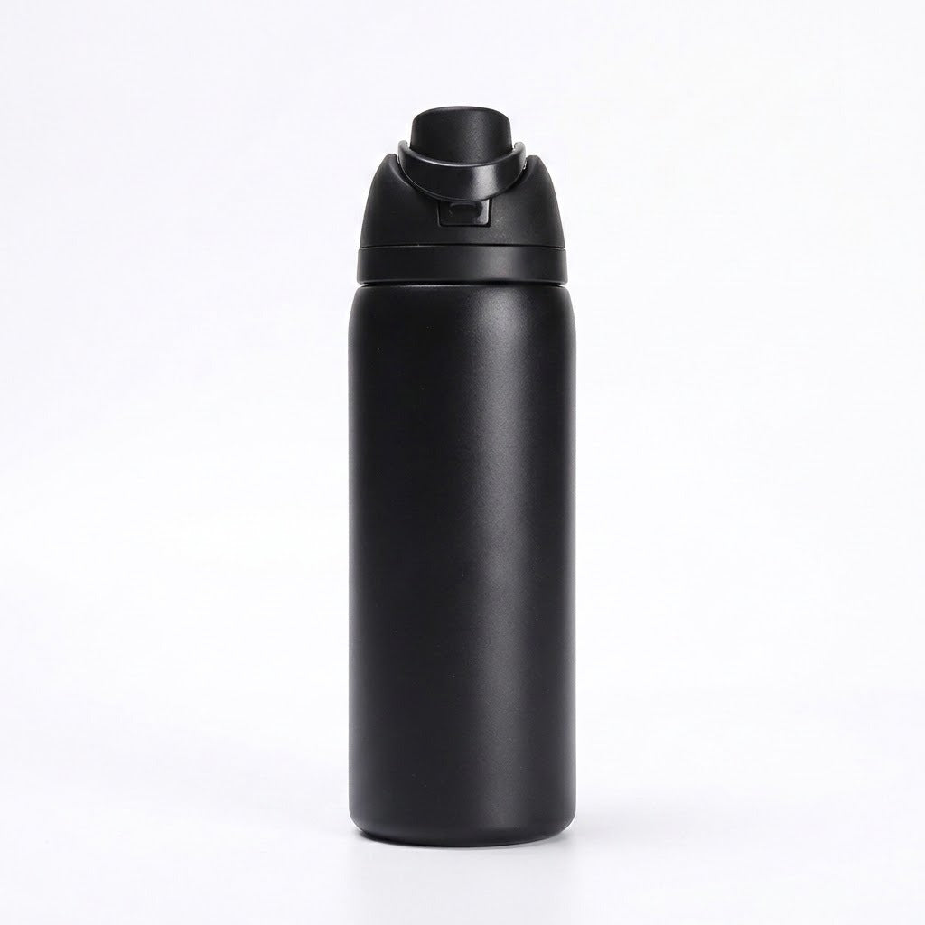 A matte black insulated water bottle with a flip-top lid, standing upright on a clean white background.