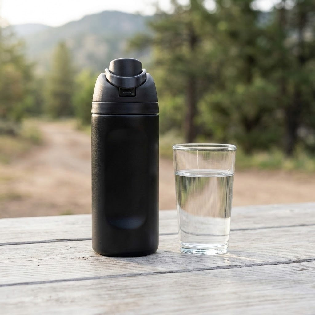A matte black insulated water bottle stands on a weathered wooden table next to a clear glass of water, with a blurred outdoor forest and mountain background.