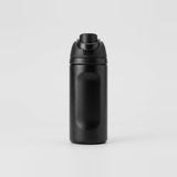 A matte black insulated water bottle with a flip-top lid, standing upright against a seamless light gray background.