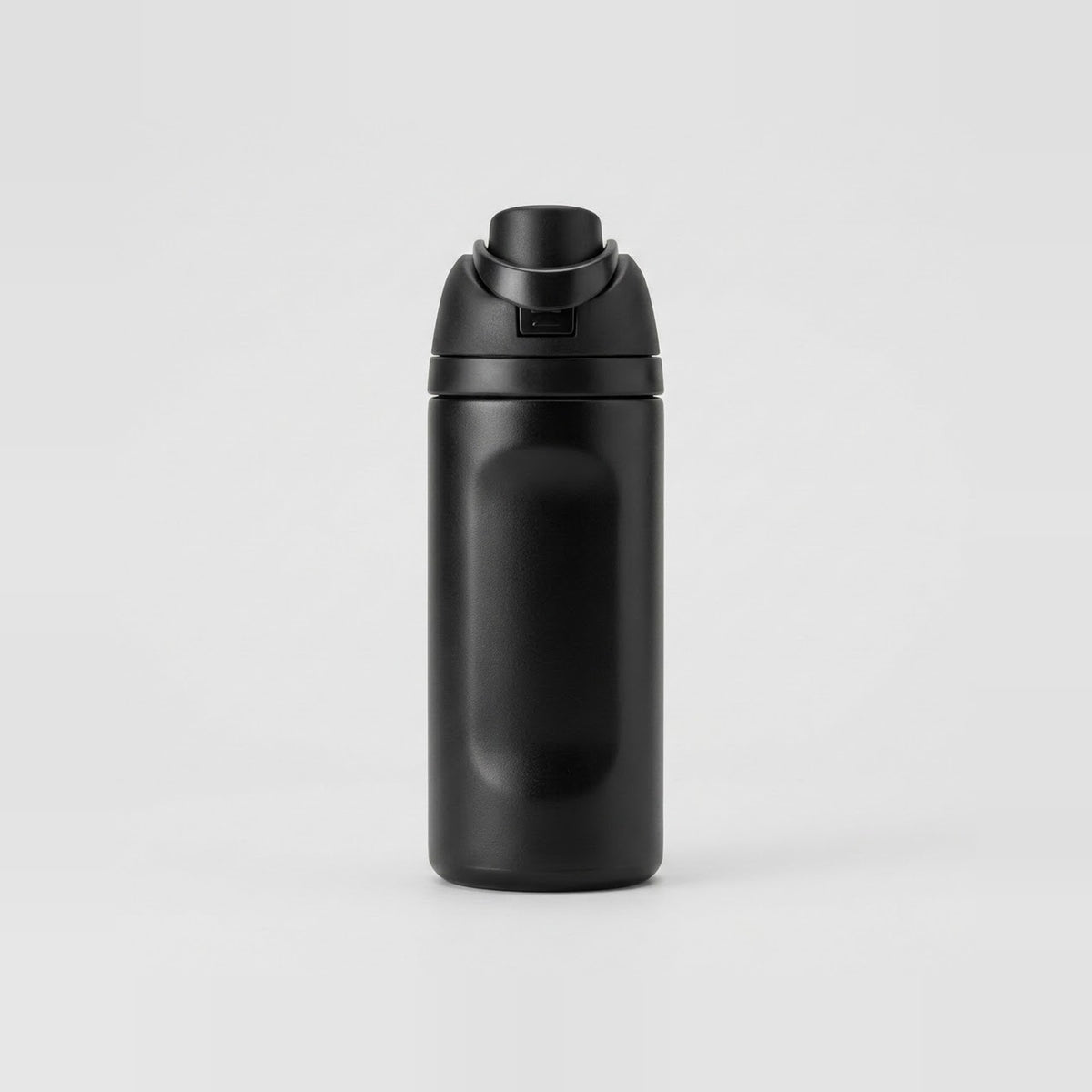 A matte black insulated water bottle with a flip-top lid, standing upright against a seamless light gray background.