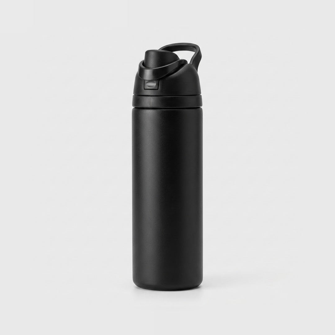 A matte black insulated water bottle with a flip-top lid and integrated carrying loop, shown on a light gray background.