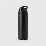 A matte black insulated water bottle with a flip-top lid and integrated carrying loop, shown on a light gray background.