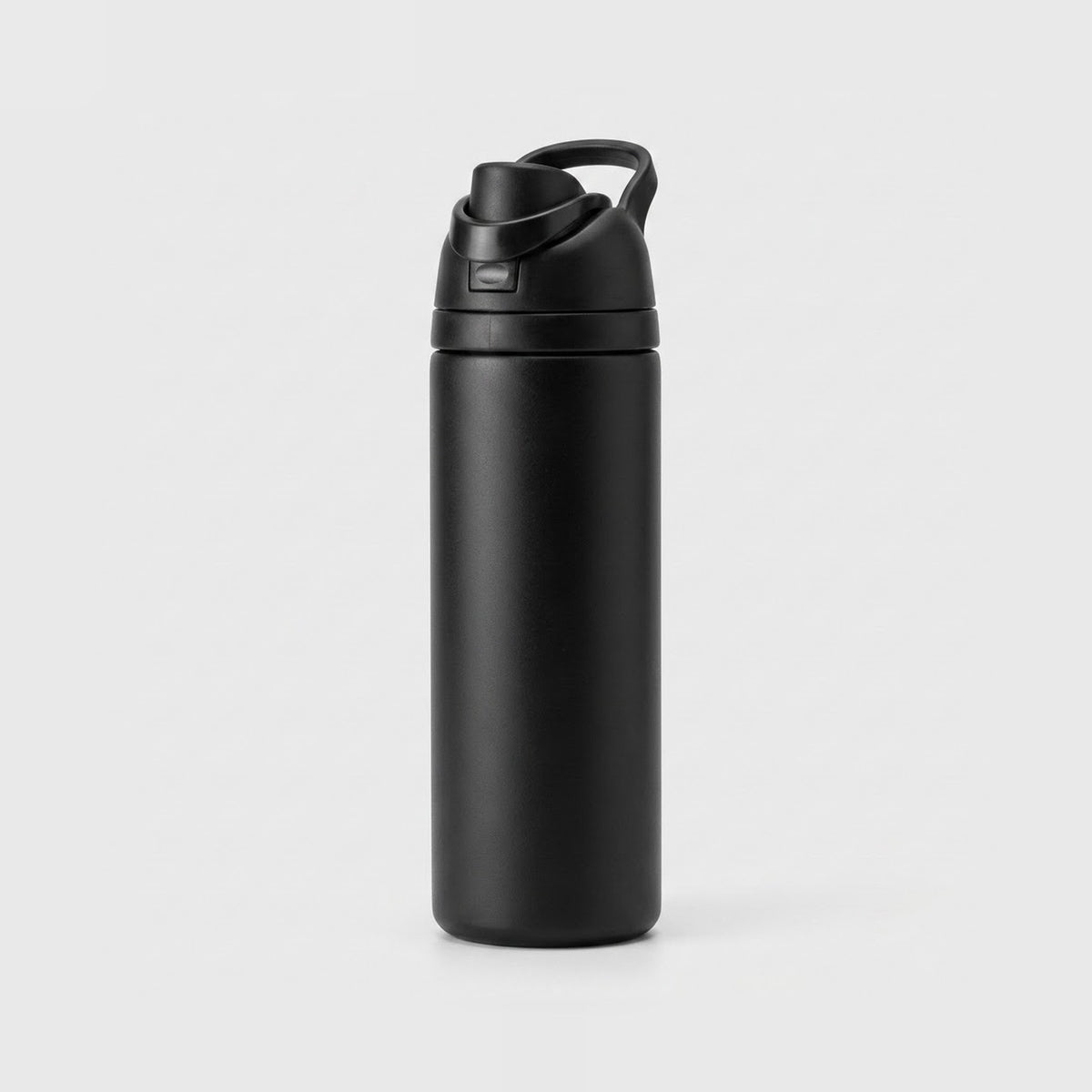 A matte black insulated water bottle with a flip-top lid and integrated carrying loop, shown on a light gray background.