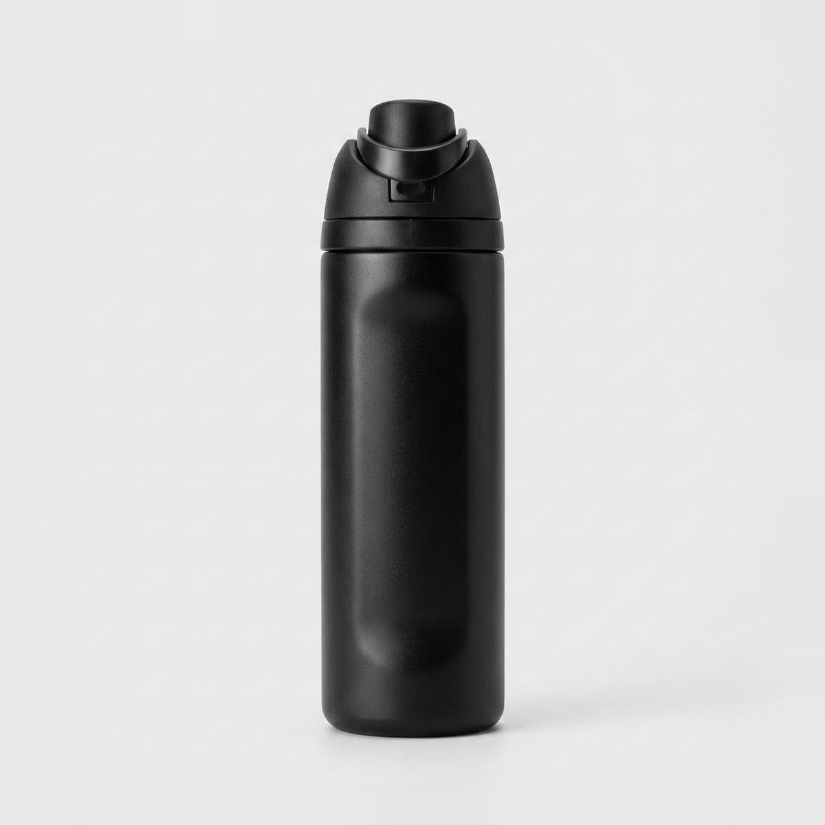 A matte black insulated water bottle with a flip-top lid, centered on a light gray background.