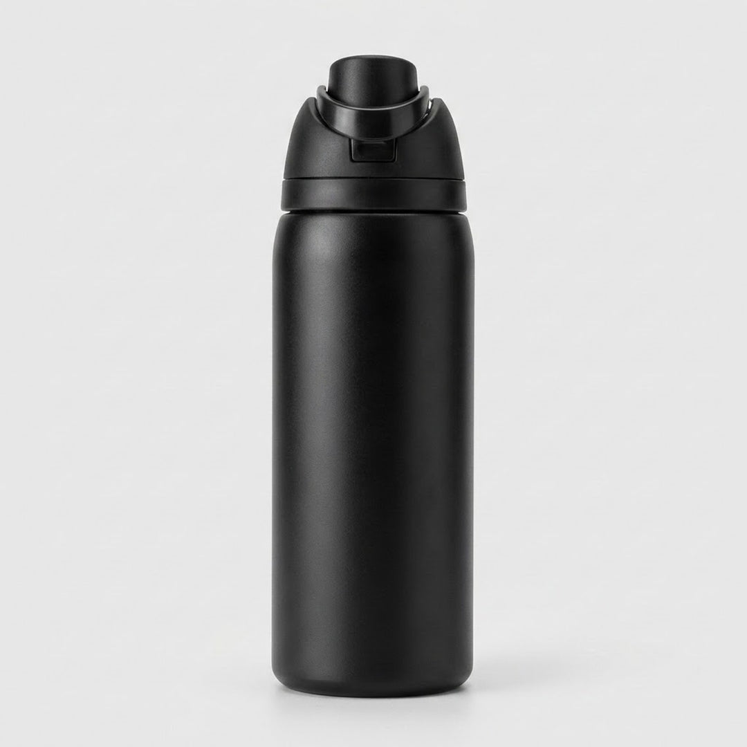 A matte black insulated water bottle with a matching black flip-top lid, centered on a light gray background.
