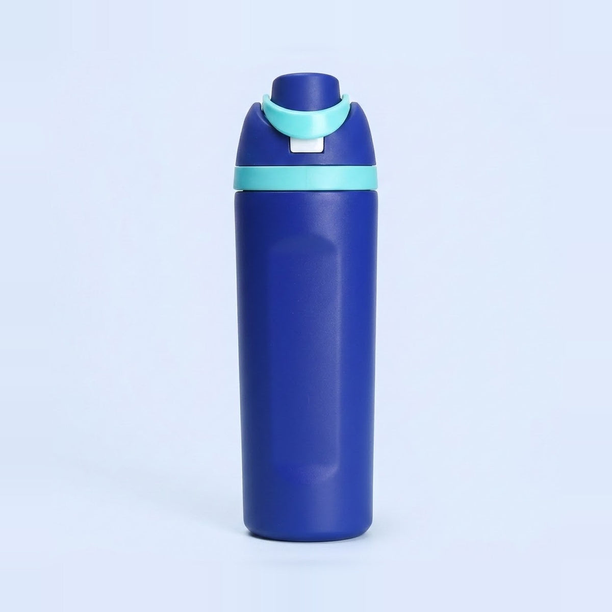 A tall, matte blue water bottle with a light blue-green lid and a matching band around the neck, shown on a light blue background.