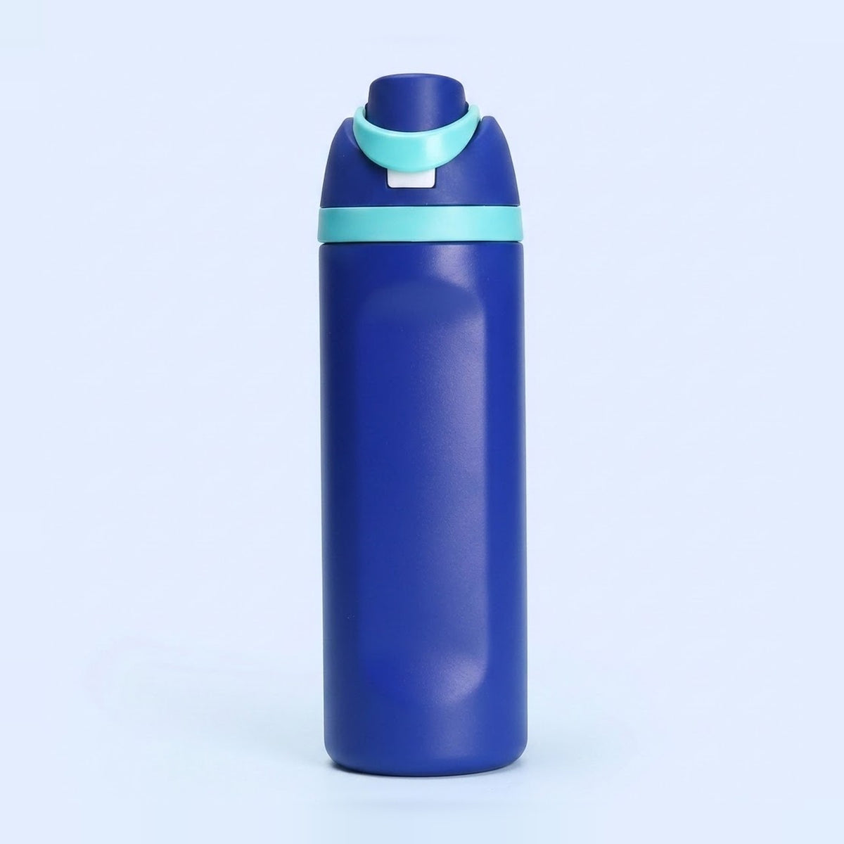 A blue water bottle with a light blue-green lid accent, shown on a light blue background.