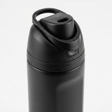 A close-up of a matte black insulated water bottle with a flip-top lid and integrated carrying loop, shown against a clean white background.