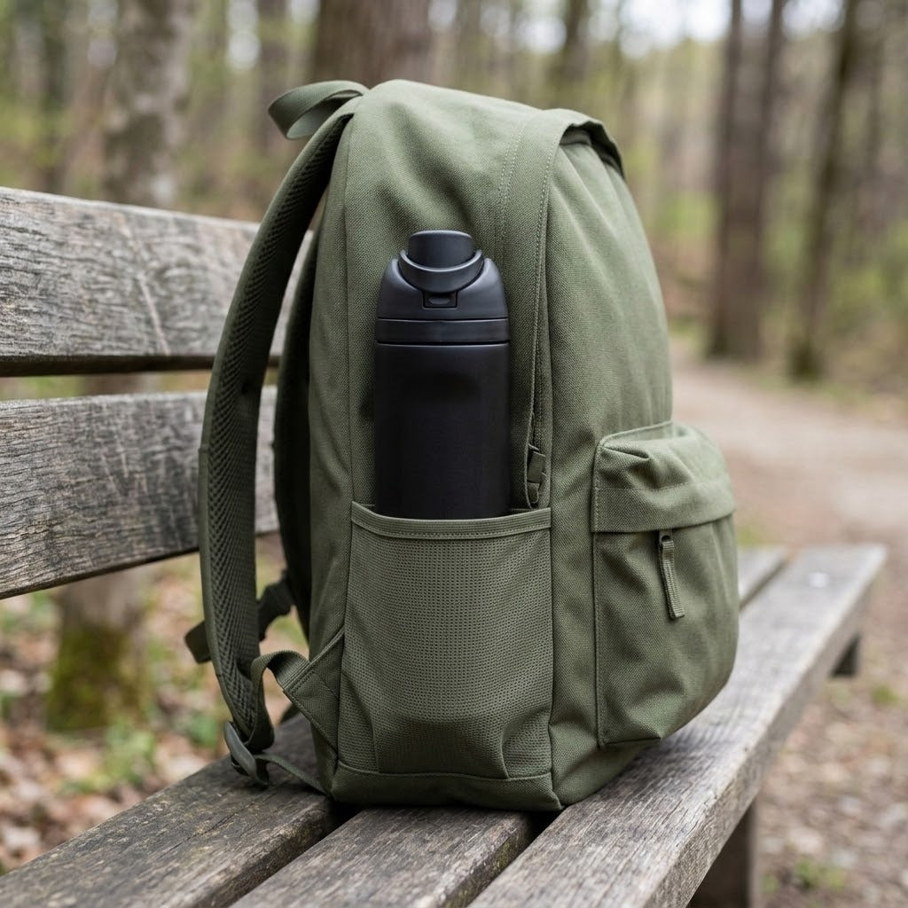 An olive green backpack sits on a wooden park bench with a black water bottle in its side pocket, set against a blurred forest background.