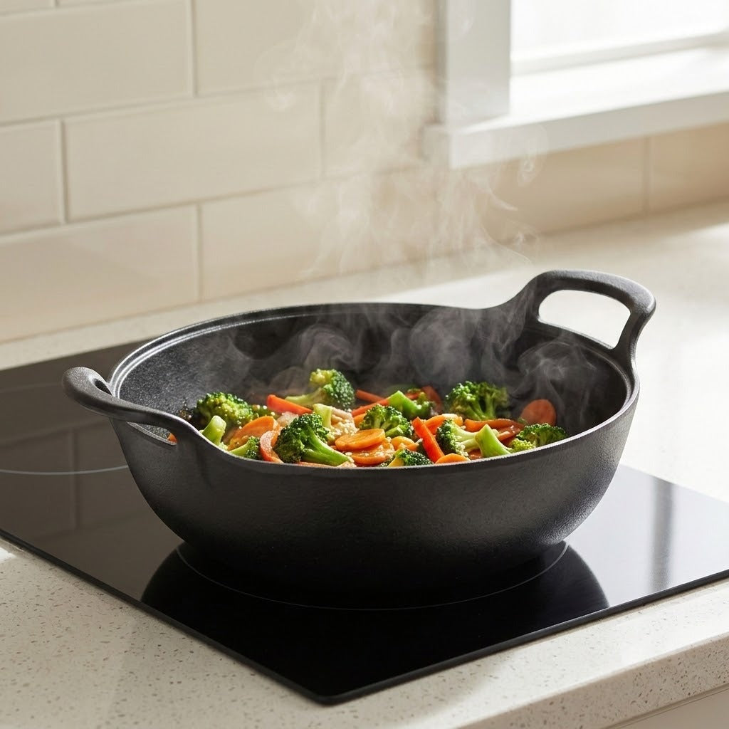 A black cast iron wok with handles sits on a black induction cooktop in a kitchen, cooking a steaming mixture of broccoli, carrots, and red peppers.