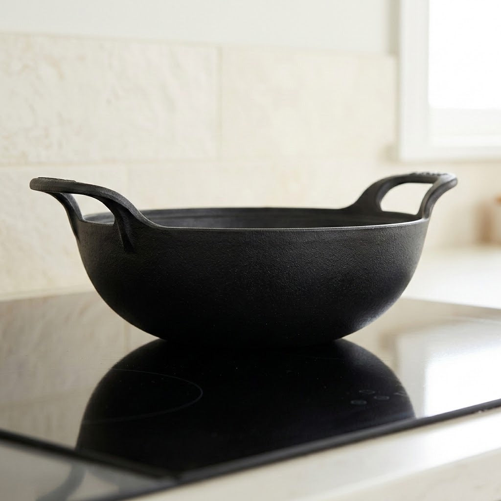 A black cast iron kadhai with loop handles sits on a black glass stovetop, with a light beige tiled wall and a bright window in the background.