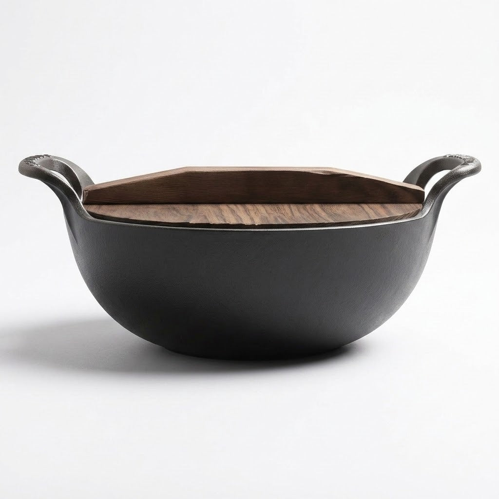 A dark charcoal cast iron bowl with a hexagonal wooden insert and two side handles, shown on a clean white background.
