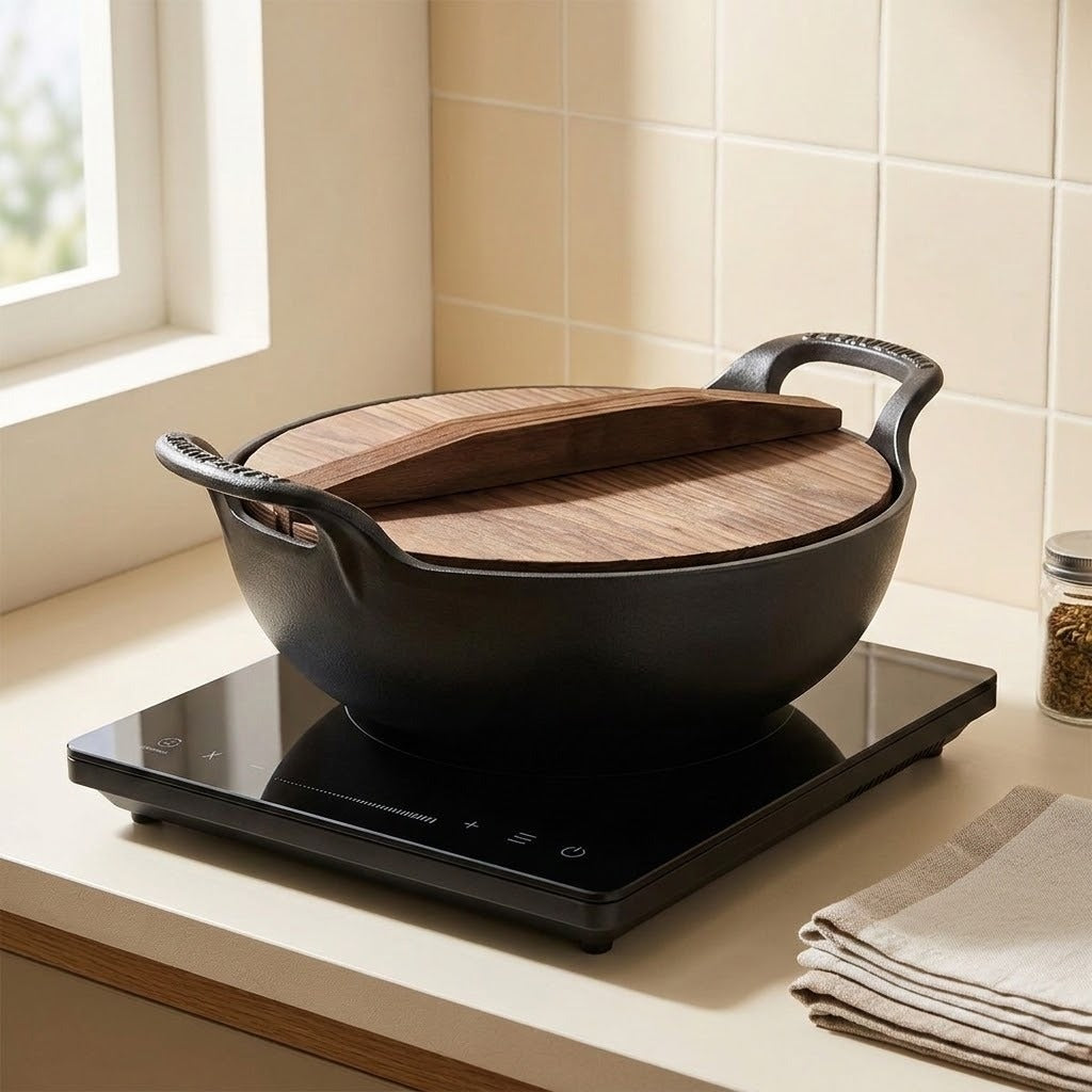 A black cast iron pot with a wooden lid sits on a black induction cooktop on a kitchen counter, with beige tiled walls in the background.