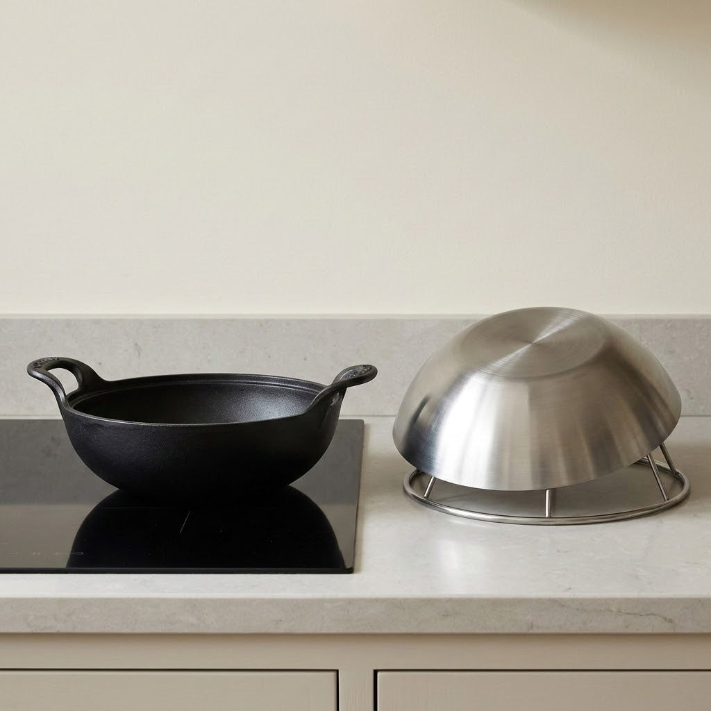 A black cast iron kadhai with side handles sits on a black induction cooktop, next to a stainless steel covered dish on a marble kitchen countertop.