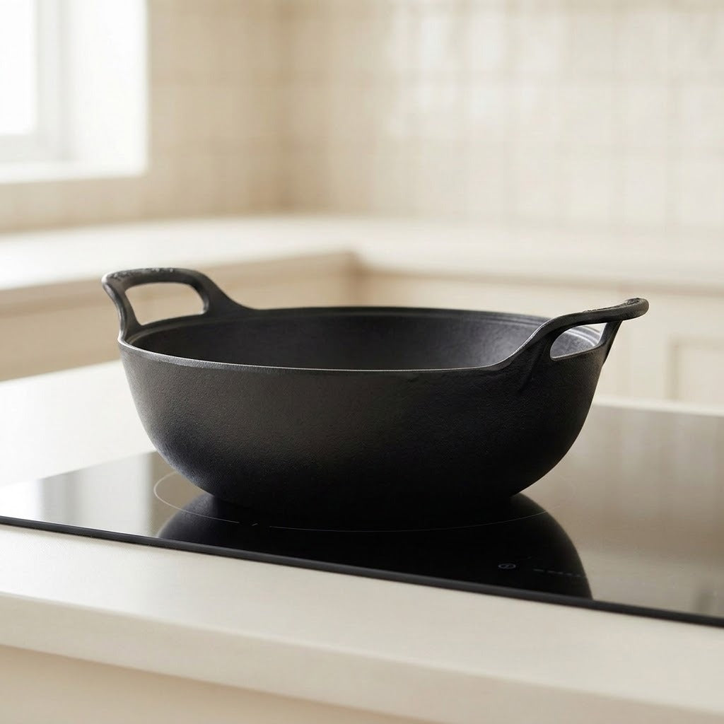A black cast iron kadhai or deep pan with two loop handles sits on a black glass cooktop in a bright, modern kitchen.