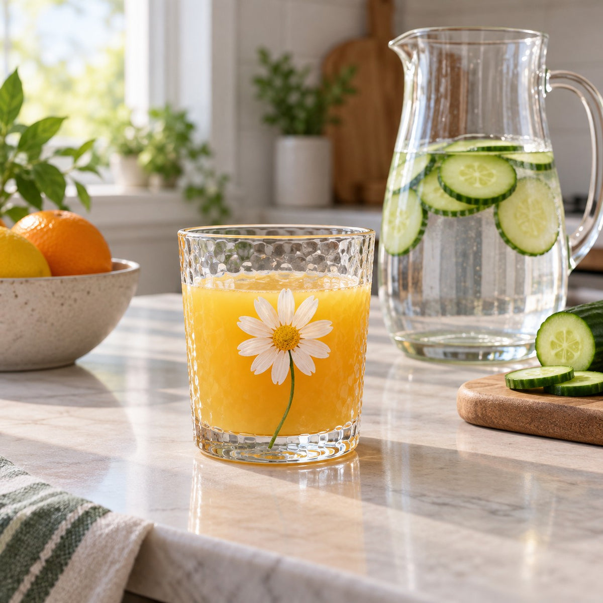 The tall Hammered Daisy Glass Cup sits beside a book as a water glass in a living room.