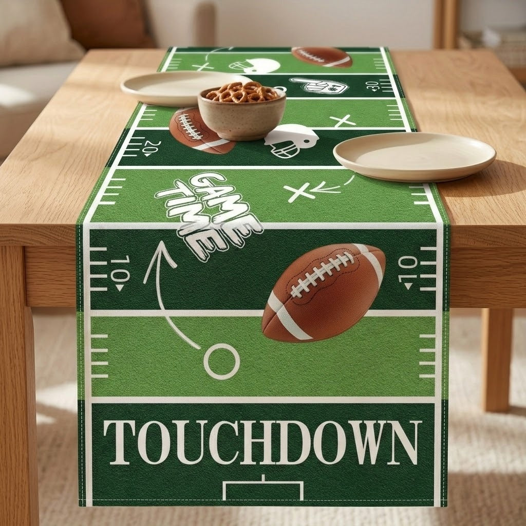 A green football field themed table runner draped over a wooden dining table, decorated with illustrations of a football, helmets, play icons, and the words 'GAME TIME' and 'TOUCHDOWN'.