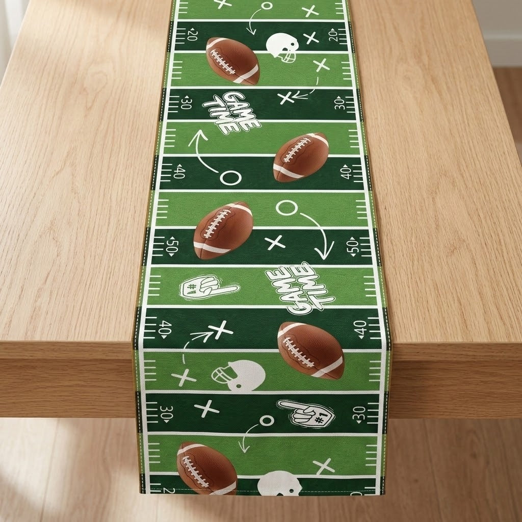 A football-themed table runner laid on a light wood table, featuring a green and dark green field pattern with white yard lines, brown footballs, helmets, and white play-sign graphics.
