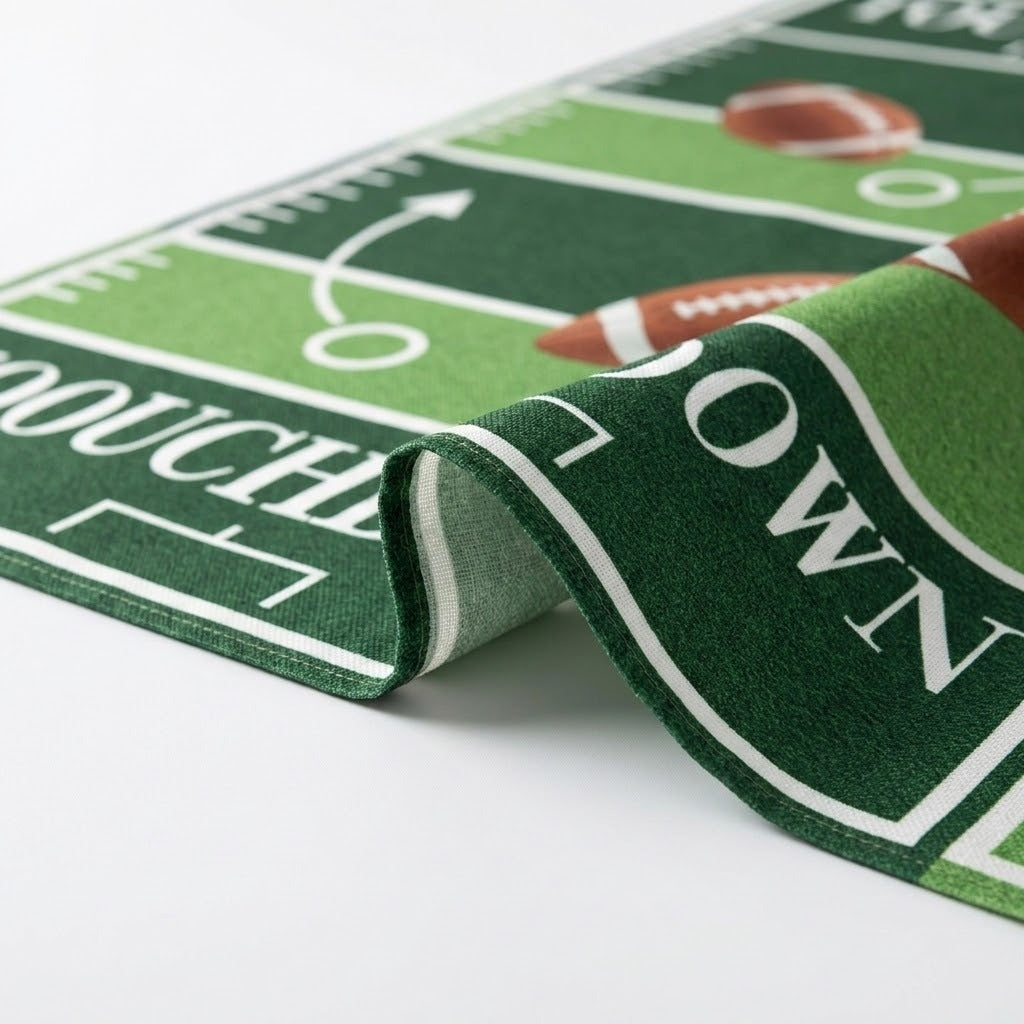A close-up of a green and white football field themed mat or rug, with the word 'TOUCHDOWN' visible and a rolled corner showing the fabric texture.