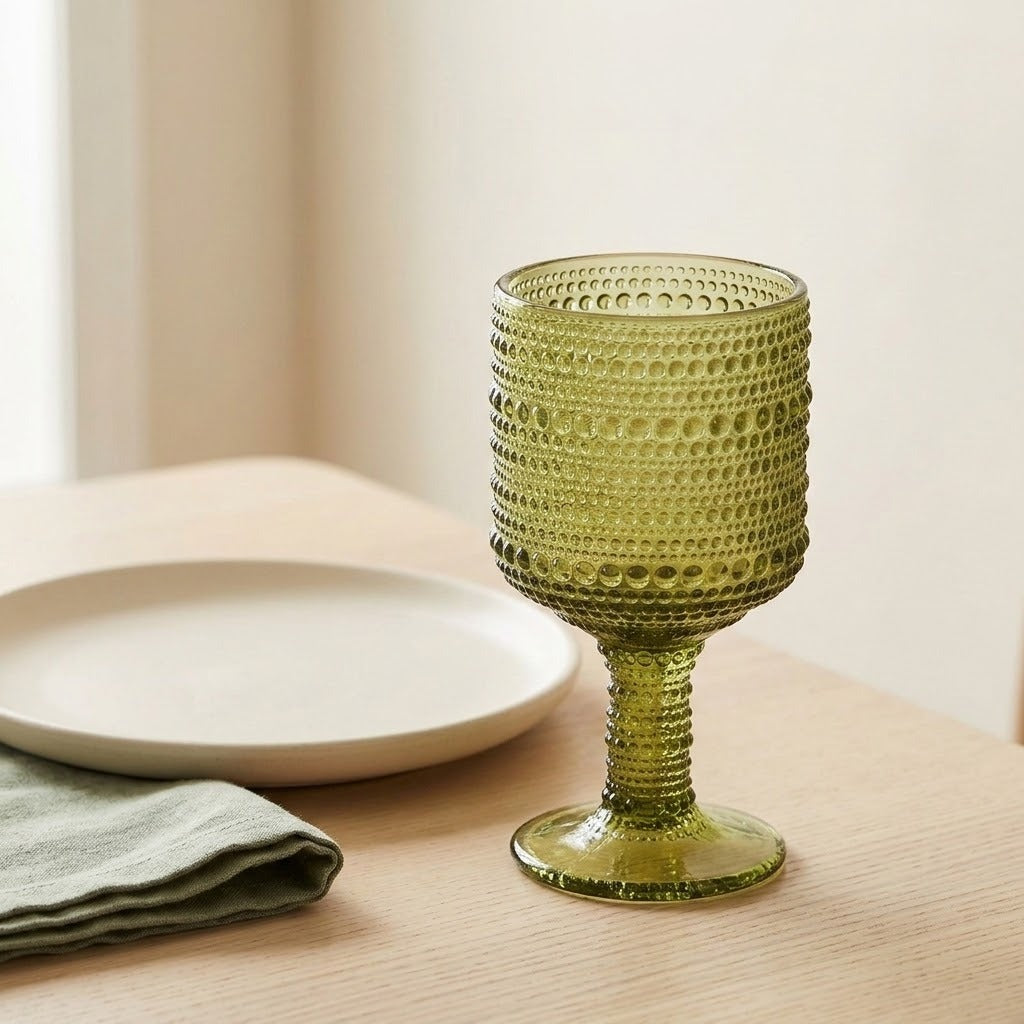 An olive green textured glass goblet with a ribbed stem and base, standing on a light wood table next to a white plate and a folded green napkin.