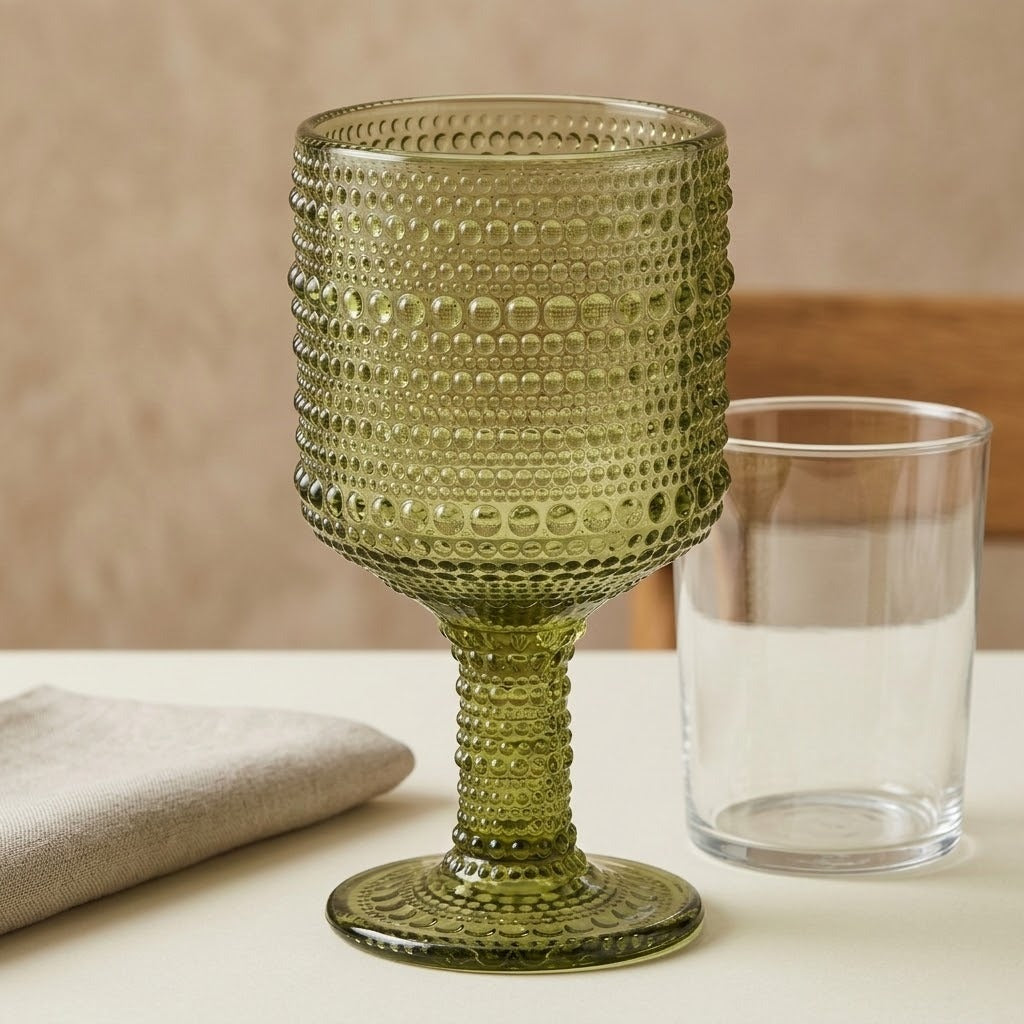 An olive green textured glass goblet with a bubble pattern and a matching stem, shown next to a clear glass tumbler on a tabletop with a neutral background.