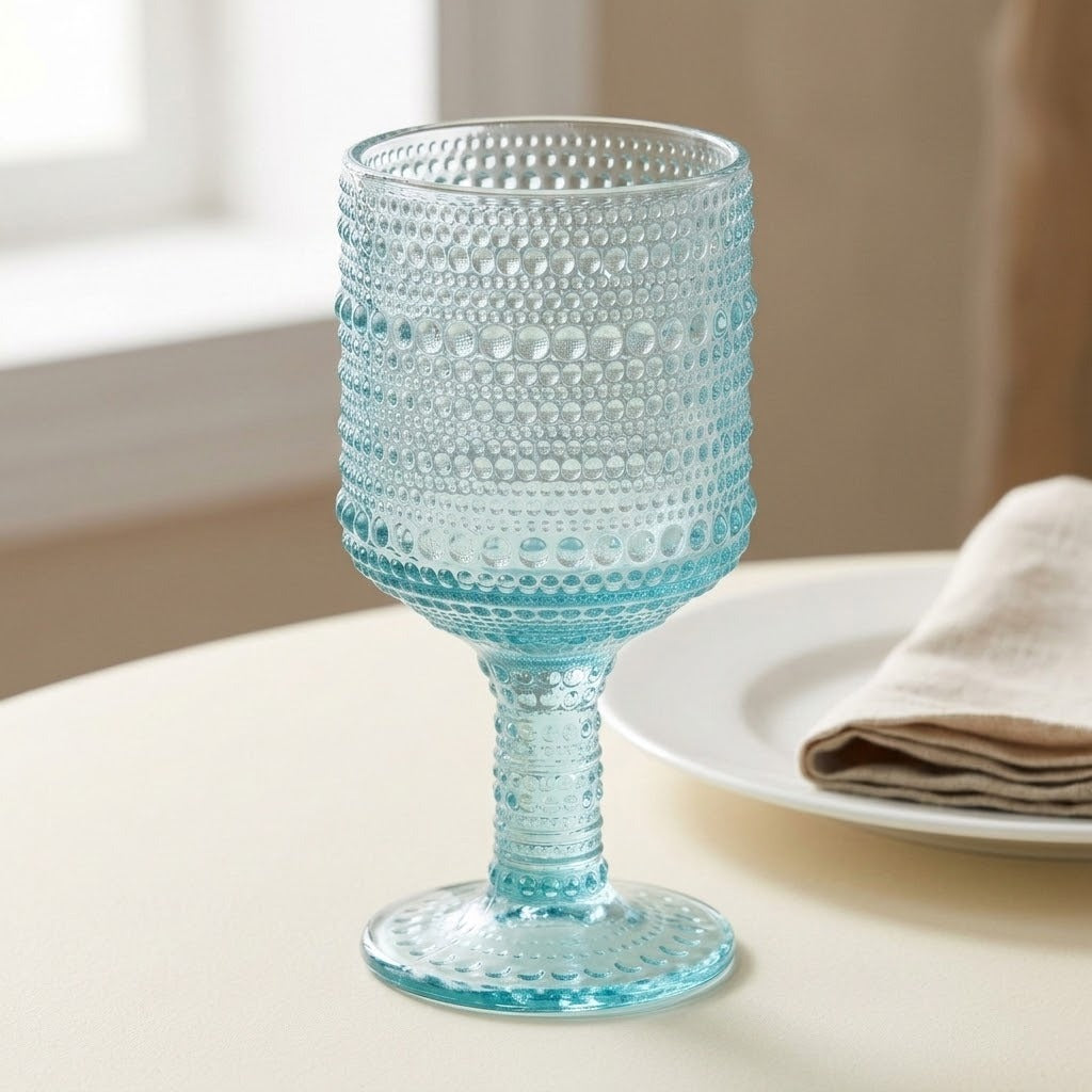 A light blue textured glass goblet with a flared base, styled on a cream table next to a white plate with a beige napkin.