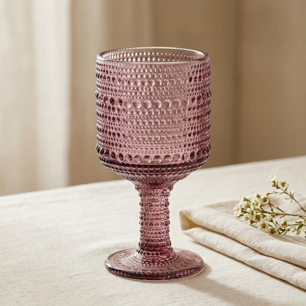 A pink textured glass goblet with a flared base, standing on a beige tablecloth next to a folded napkin and small white flowers.