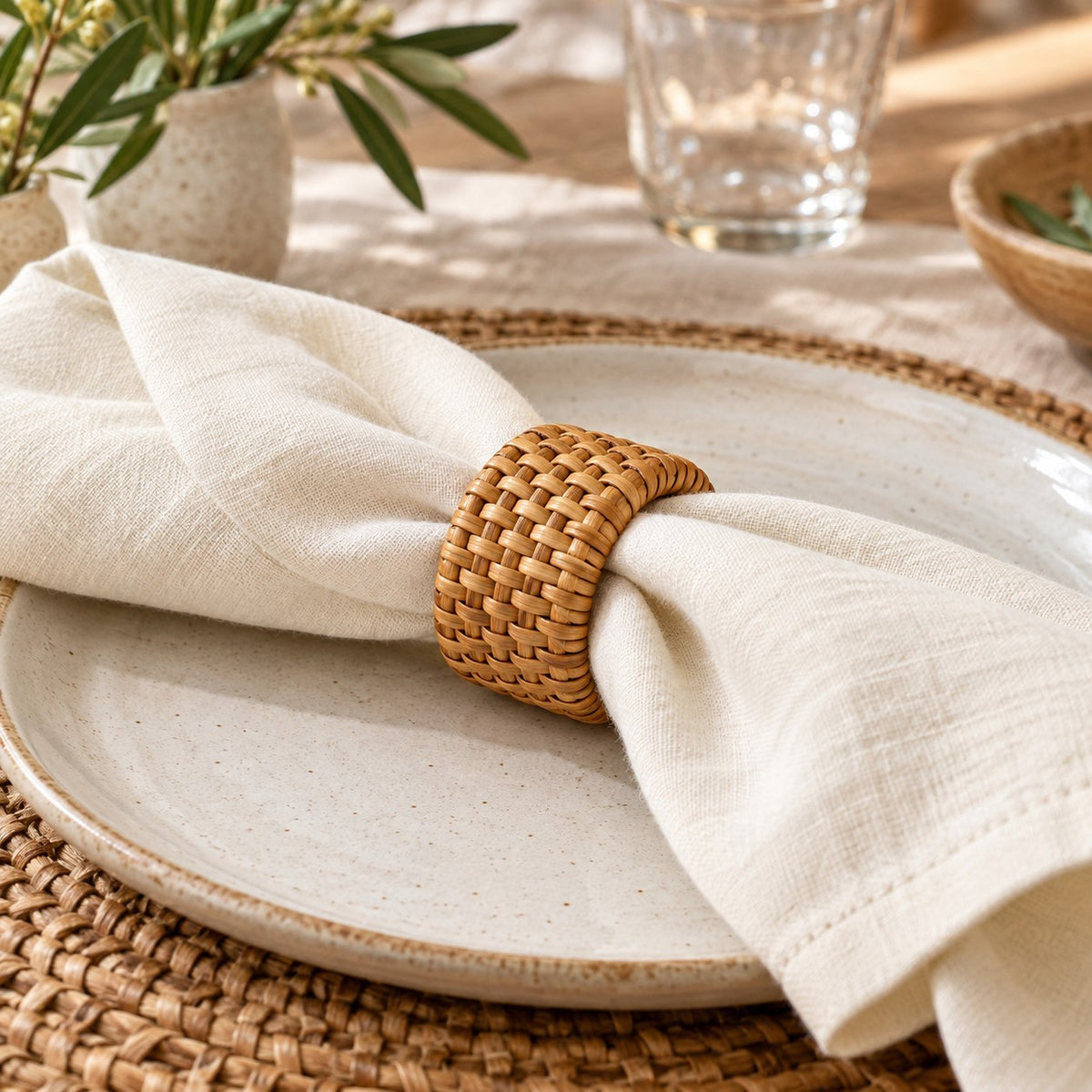 Natural rattan napkin ring holds a linen napkin on a rustic dinner plate.