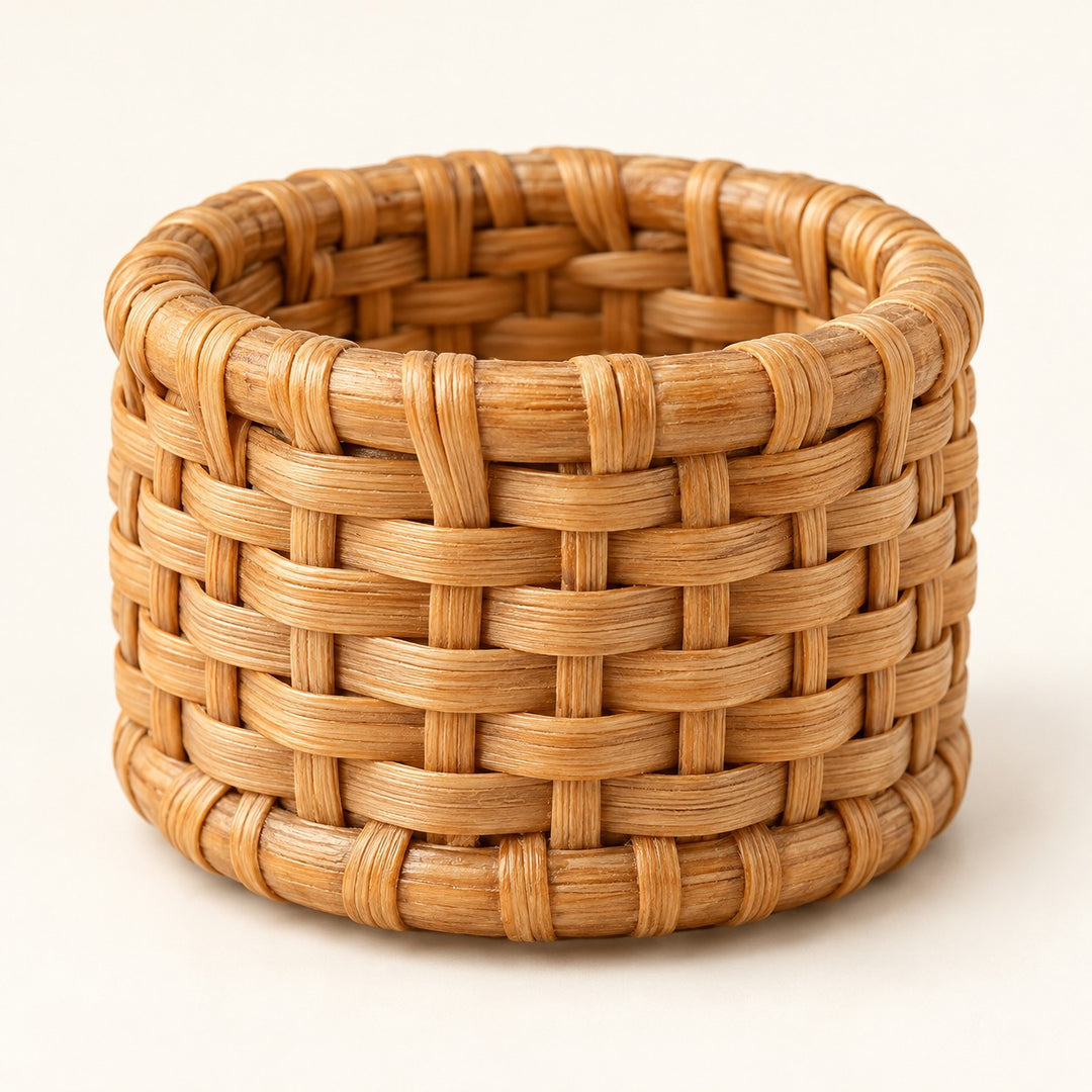 Close hero view shows the napkin ring’s sturdy, tightly woven rattan basket weave.