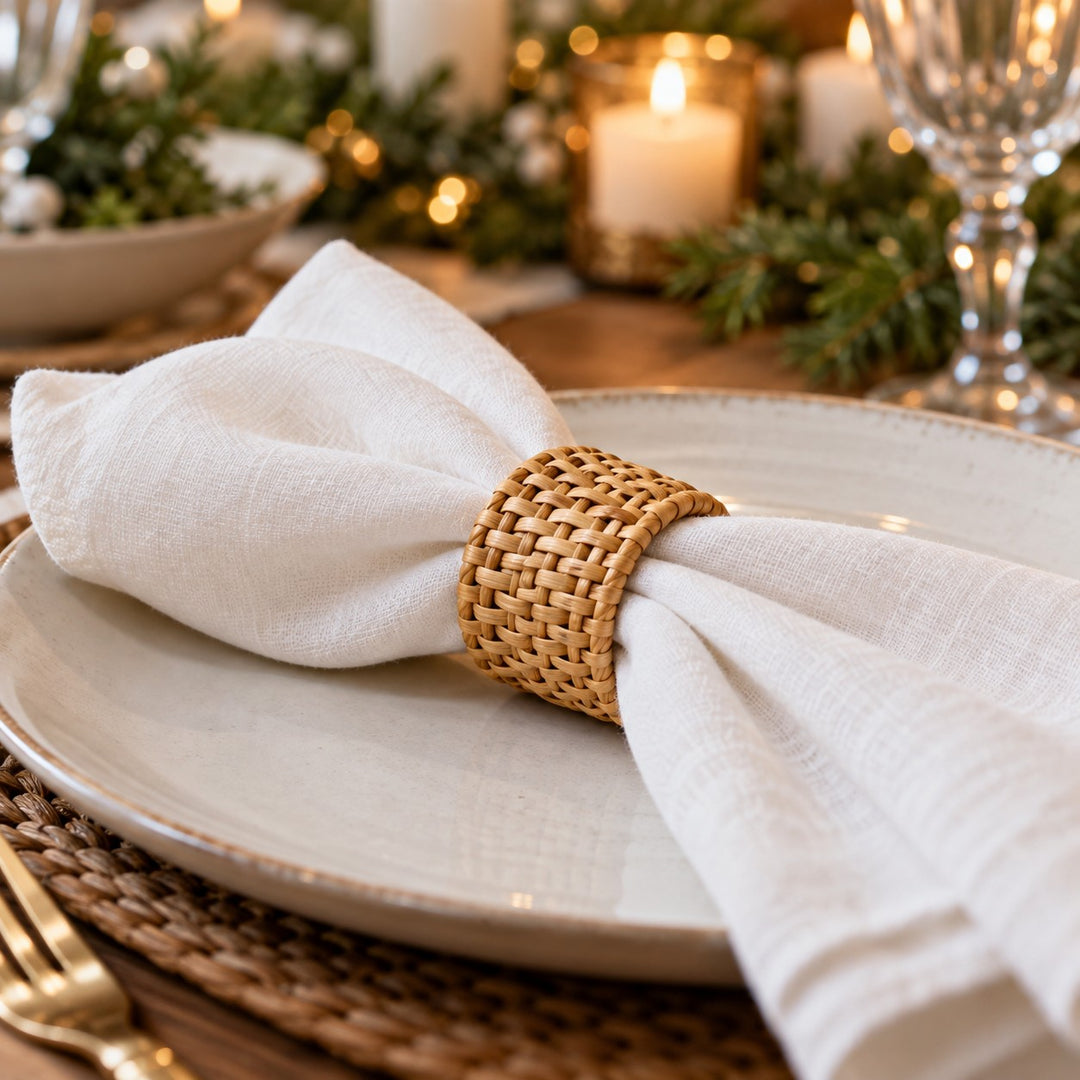 Natural rattan napkin ring dresses a folded linen napkin for a festive table setting.