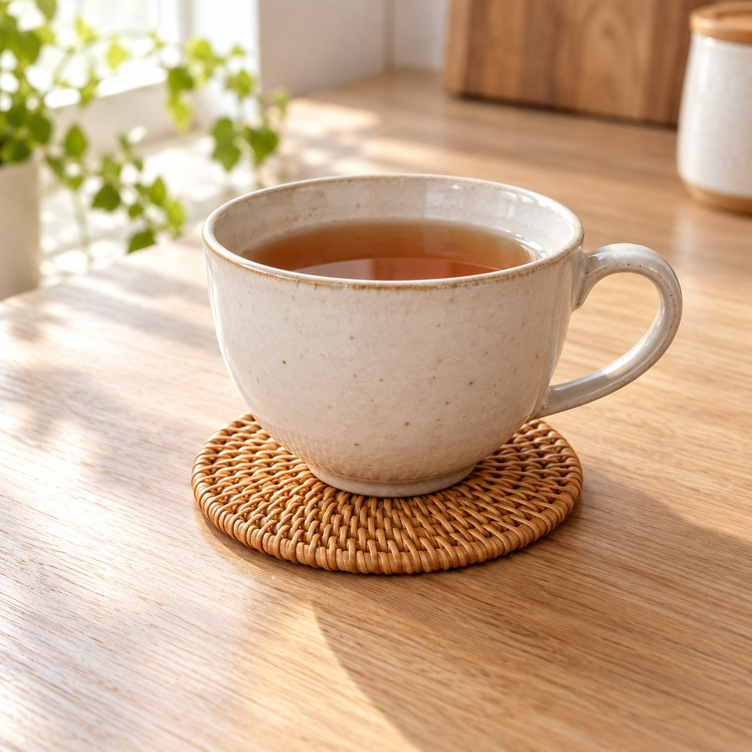 Round rattan coaster under a tea cup keeps the tabletop protected during a quiet morning drink.