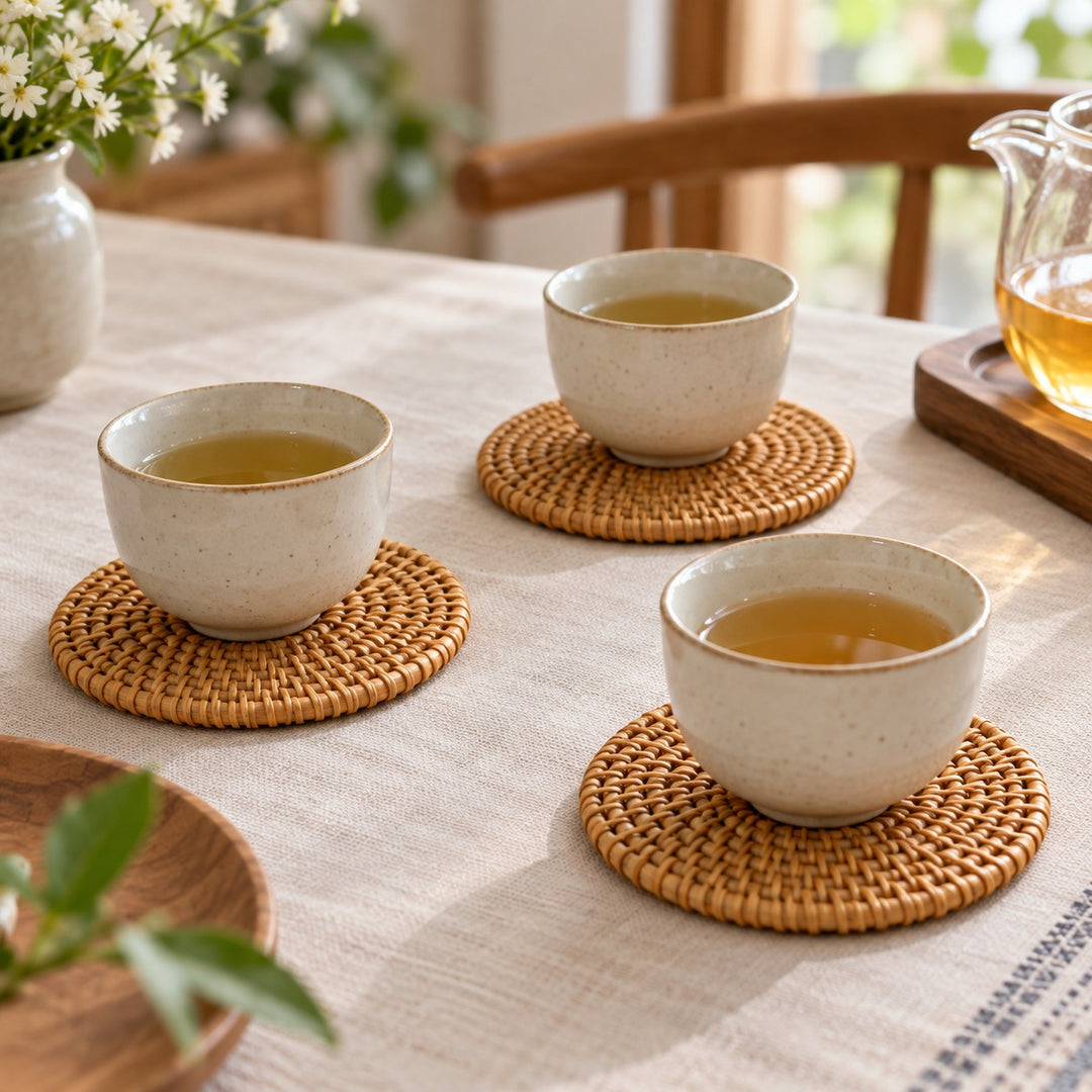 Round rattan coasters accompany ceramic cups on a table set for a shared tea break.