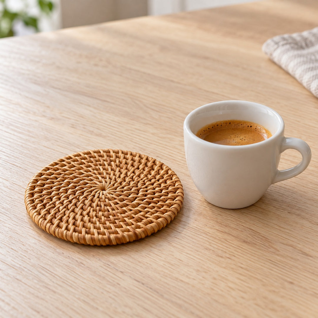 A round rattan coaster sits beside a small ceramic cup to show its compact scale.