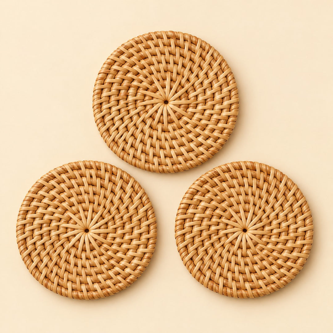 Set of three round rattan coasters shown together on a soft beige studio background.