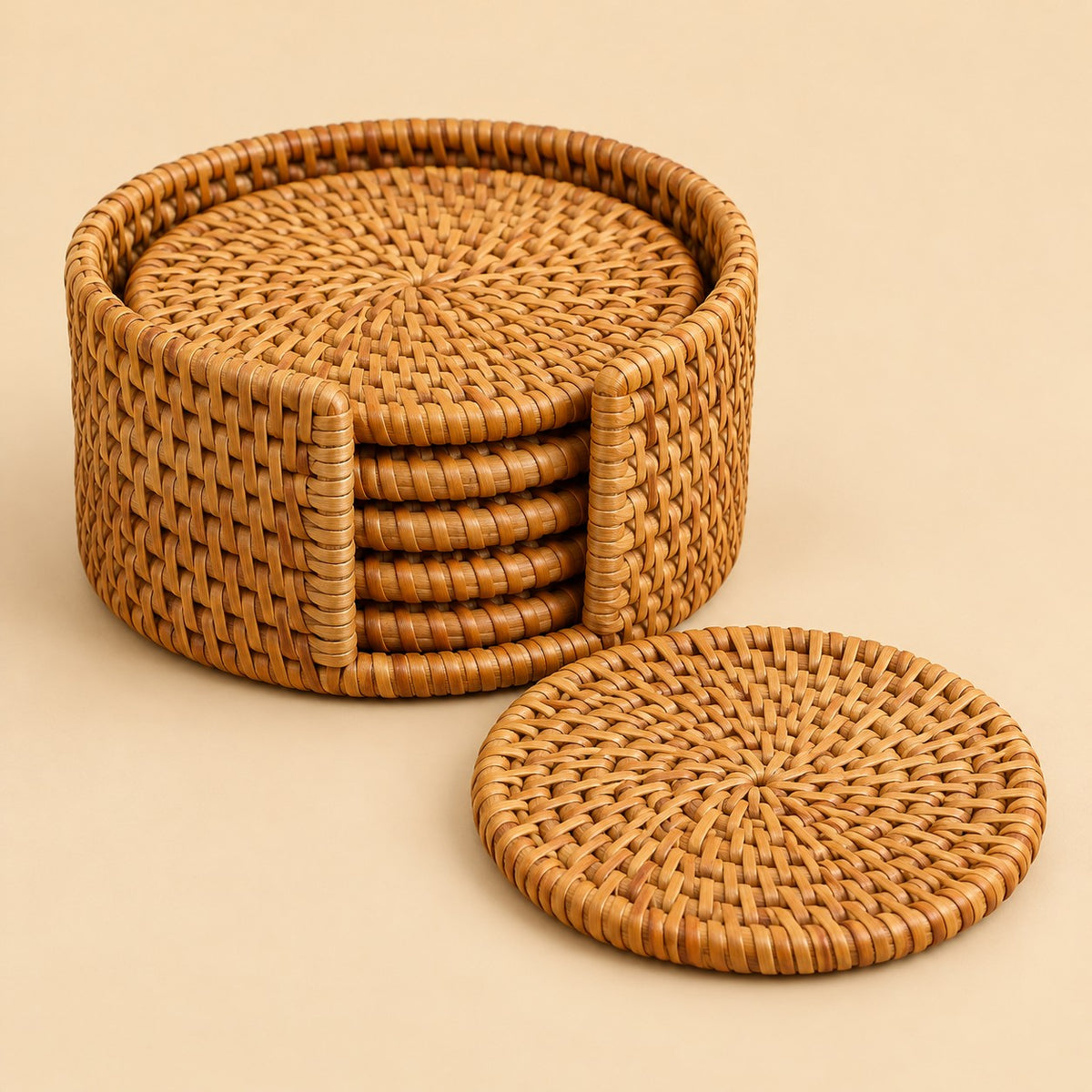 Six round rattan coasters with their woven holder shown together on a soft beige background.