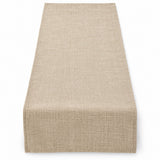 One beige rectangular linen table runner laid flat alone against a white studio background.