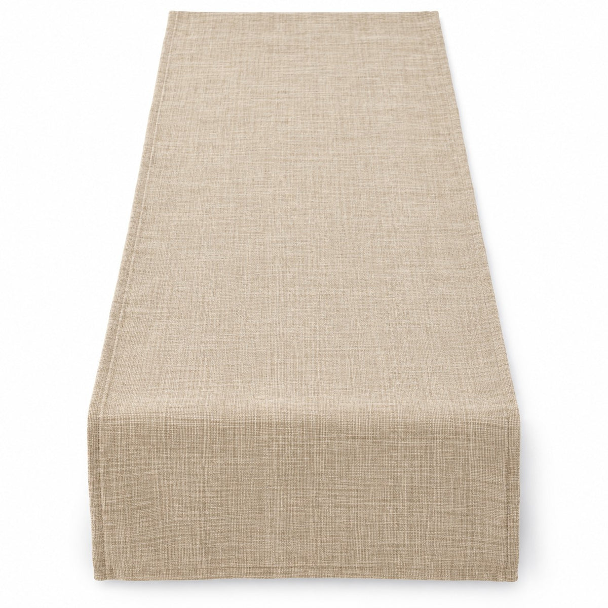 One beige rectangular linen table runner laid flat alone against a white studio background.