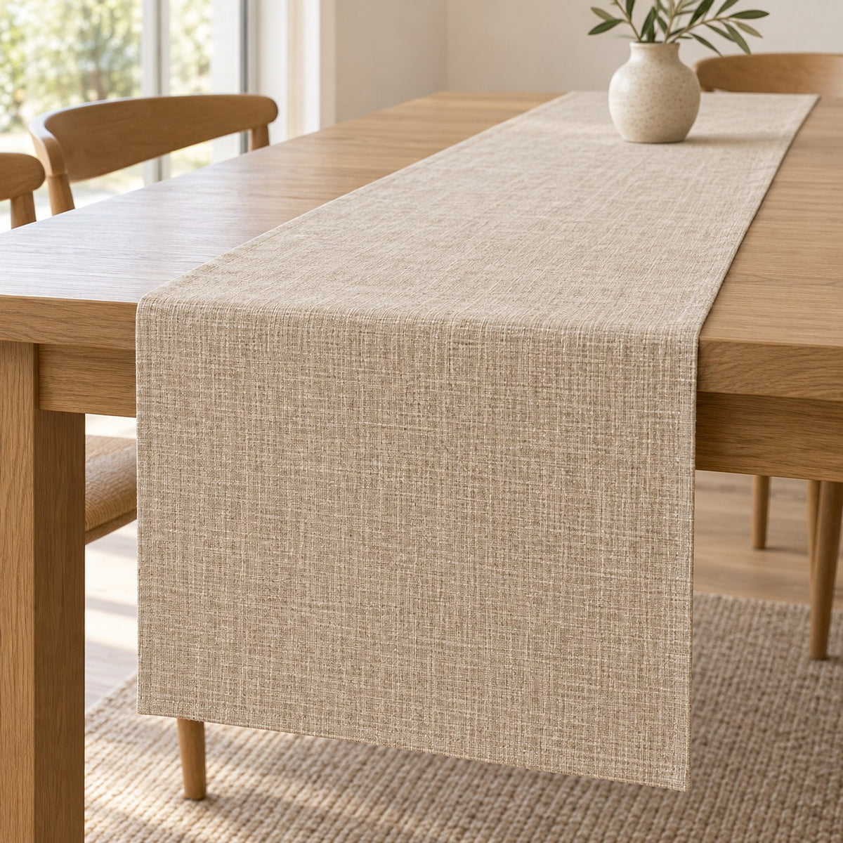 Beige cotton linen table runner shows its long rectangular shape and woven texture on oak.