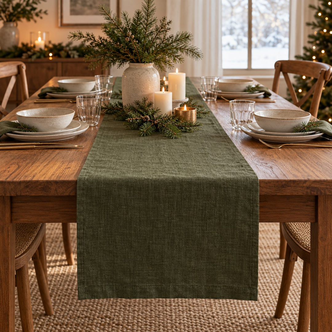 Olive green linen table runner adds a festive focal point beneath simple holiday table decor.
