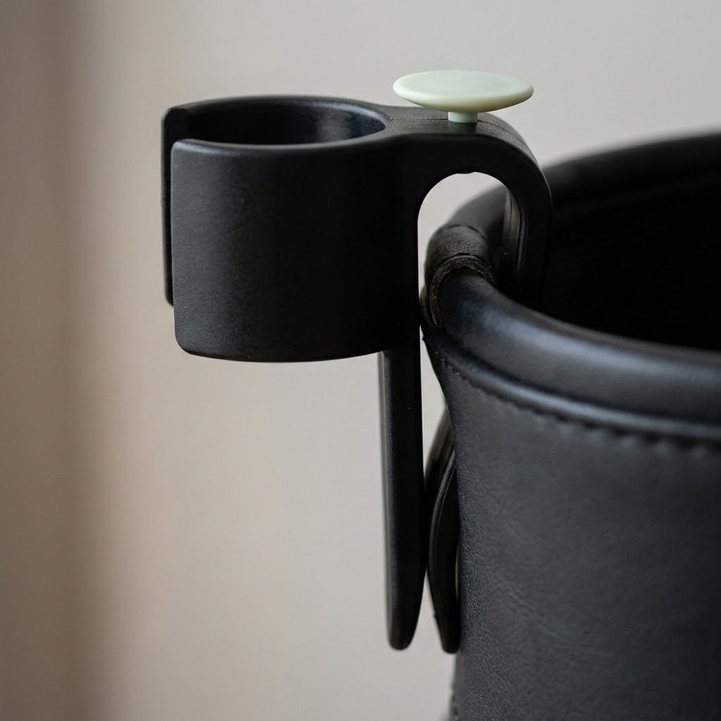 Close-up of a black plastic cup holder or organizer clip attached to a black leather-like cylindrical surface, with a small round off-white top piece visible against a soft beige background.