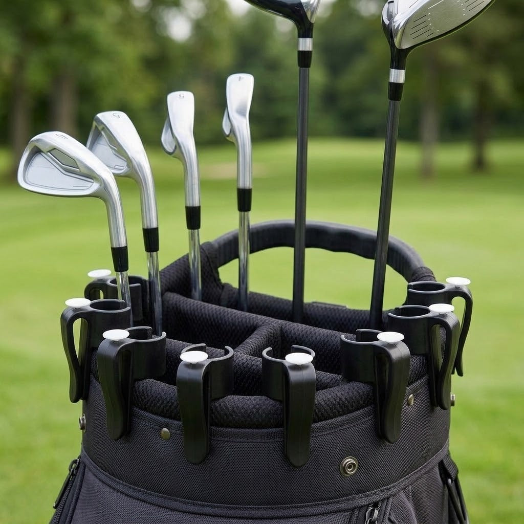 A black golf bag on a grassy golf course, holding several silver and black golf clubs.